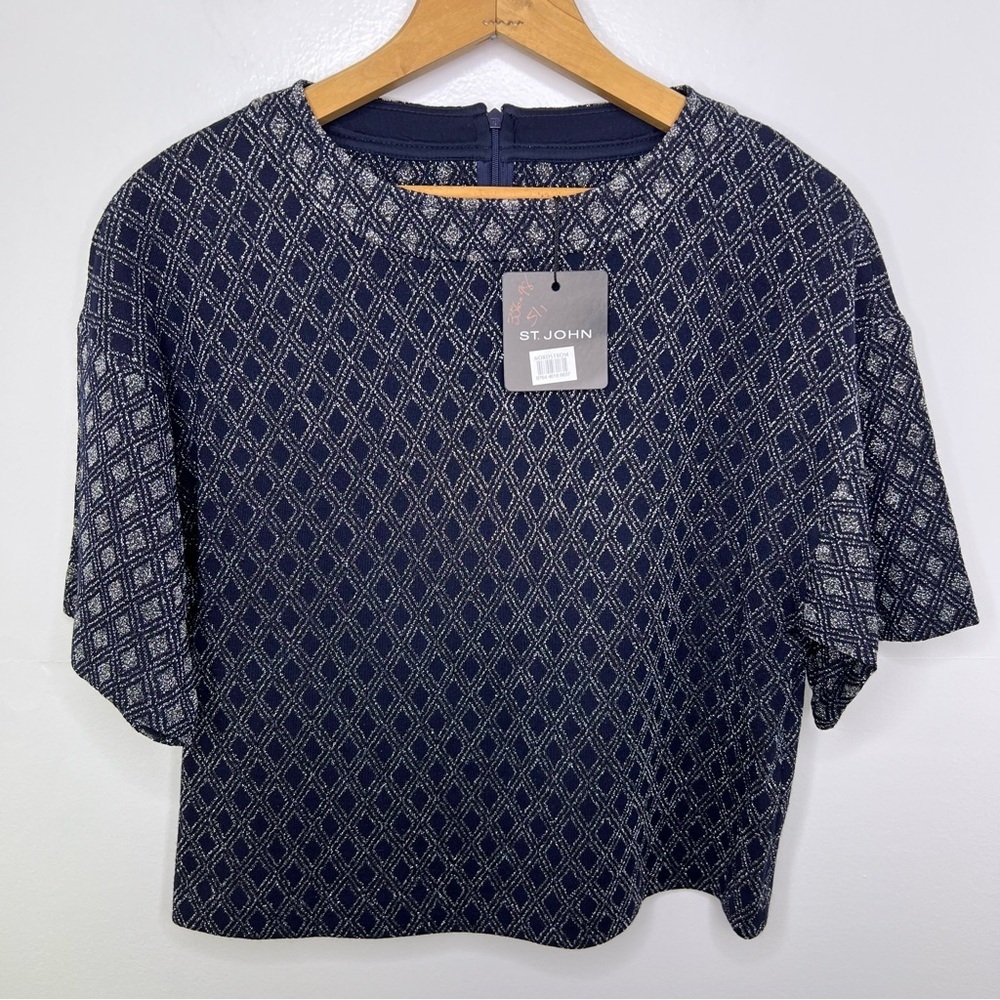 ST. JOHN NWT Navy and Silver Short Sleeve Top